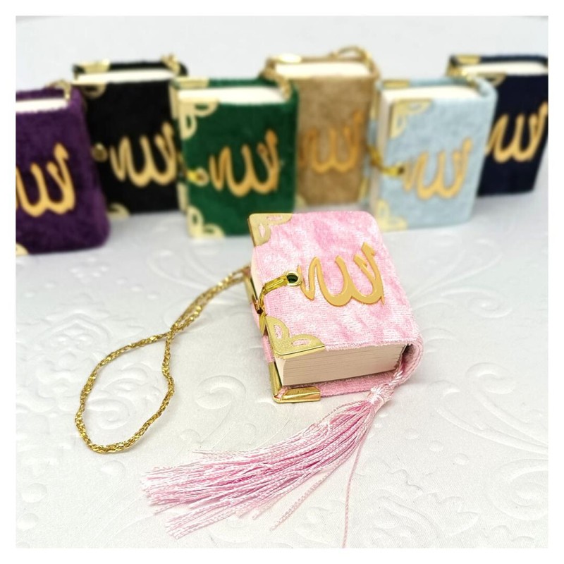 Mini Kuranı Kerim Kadife Kaplı - Pudra