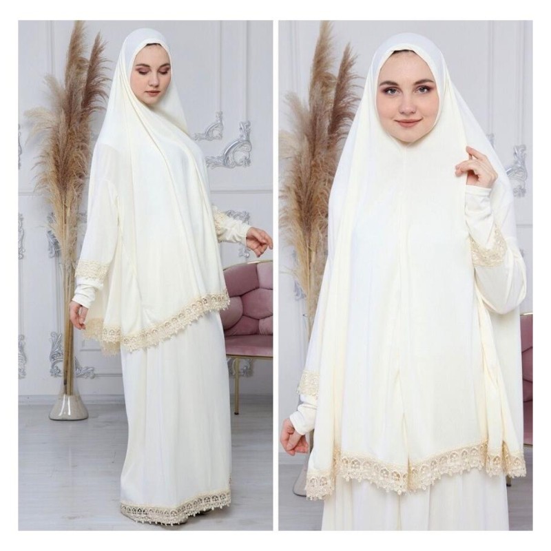 Namaz Elbisesi -  Güpürlü 2 Parça - Beyaz