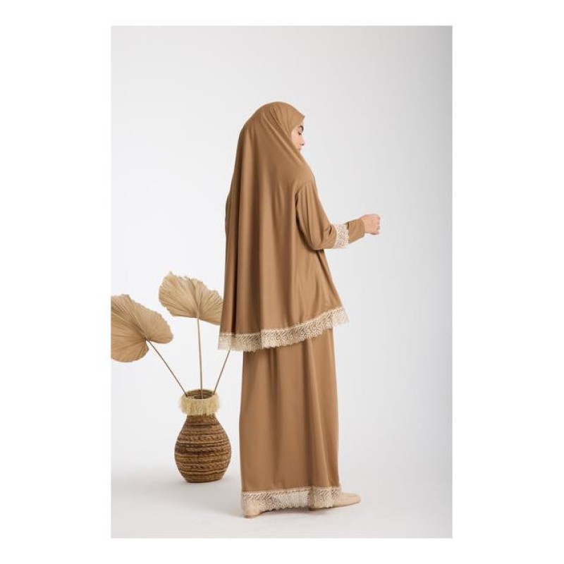 Namaz Elbisesi -  Güpürlü 2 Parça - Açıkkahve