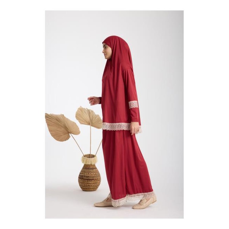 Namaz Elbisesi -  Güpürlü 2 Parça - Bordo