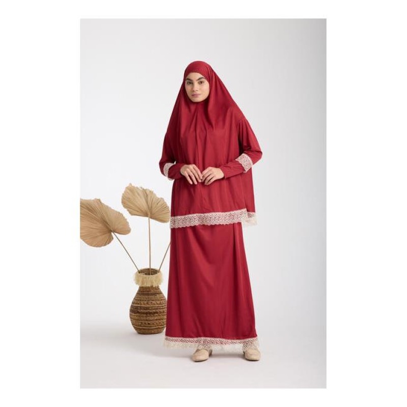 Namaz Elbisesi -  Güpürlü 2 Parça - Bordo