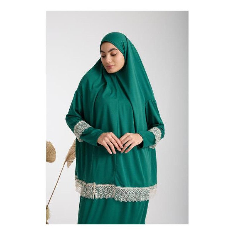 Namaz Elbisesi -  Güpürlü 2 Parça - Yeşil