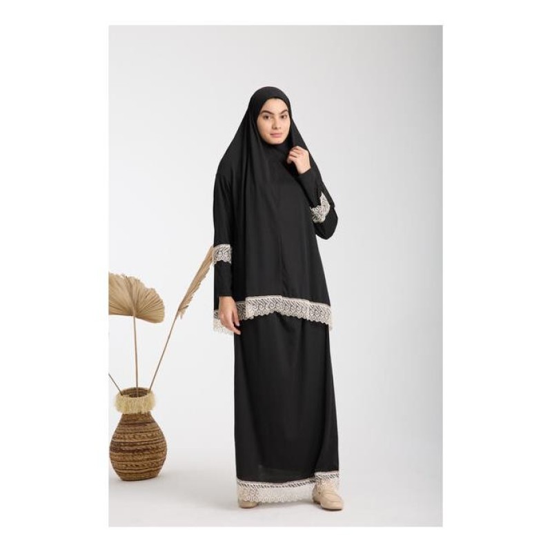 Namaz Elbisesi -  Güpürlü 2 Parça - Siyah