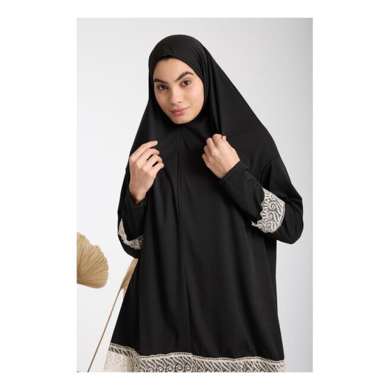 Namaz Elbisesi -  Güpürlü 2 Parça - Siyah