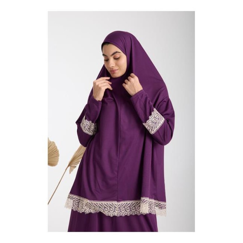 Namaz Elbisesi -  Güpürlü 2 Parça - Mürdüm