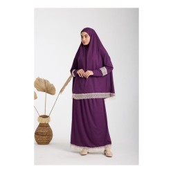 Namaz Elbisesi -  Güpürlü 2 Parça - Mürdüm