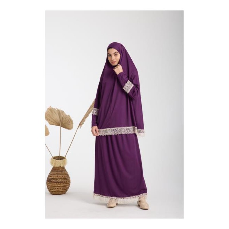 Namaz Elbisesi -  Güpürlü 2 Parça - Mürdüm