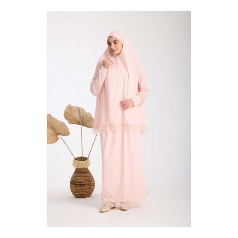 Namaz Elbisesi -  Güpürlü 2 Parça - Pudra