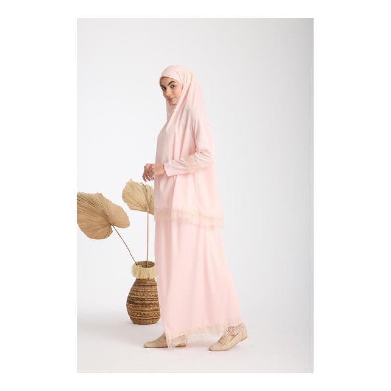 Namaz Elbisesi -  Güpürlü 2 Parça - Pudra