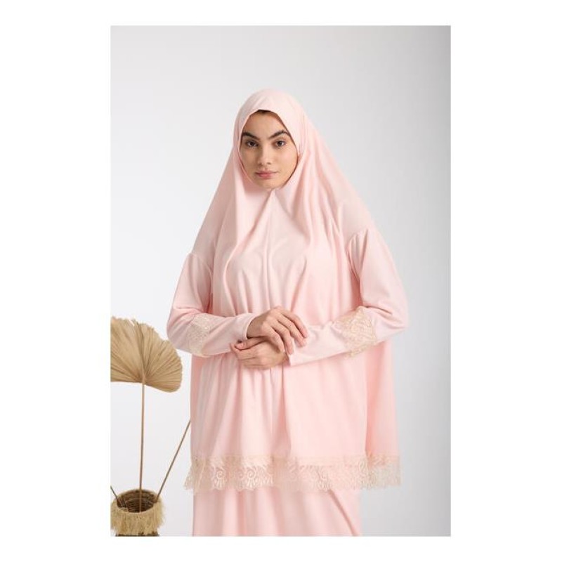 Namaz Elbisesi -  Güpürlü 2 Parça - Pudra