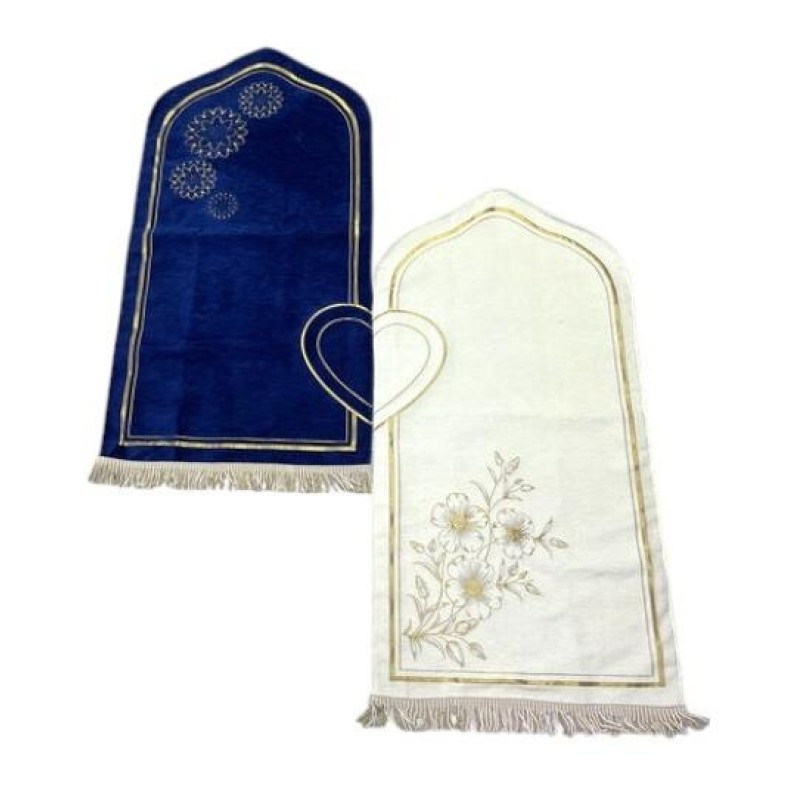 Astarlı Seccade Kalp Motifli - Çift Seccade - Lacivert Krem