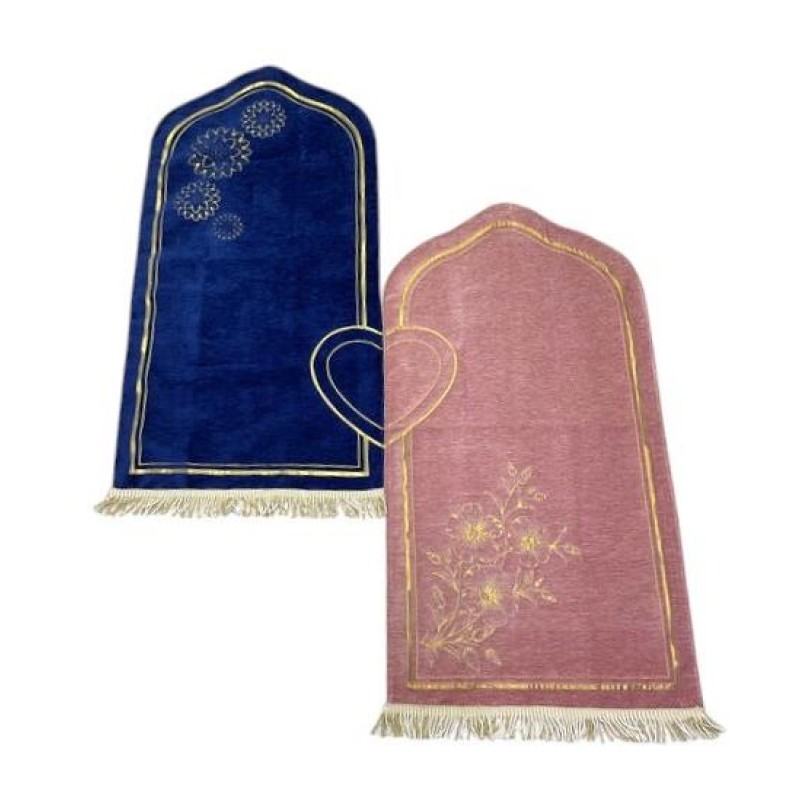 Astarlı Seccade Kalp Motifli - Çift Seccade - Lacivert Pudra