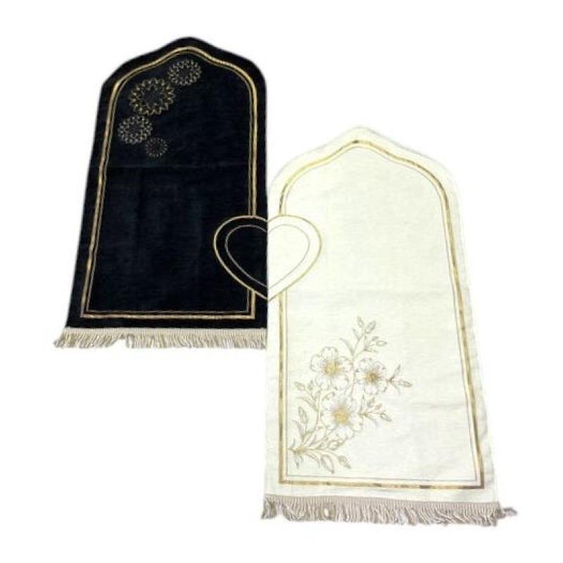 Astarlı Seccade Kalp Motifli - Çift Seccade - Siyah Krem