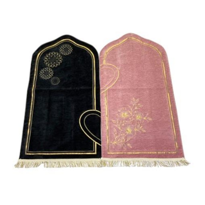 Astarlı Seccade Kalp Motifli - Çift Seccade - Siyah Pudra