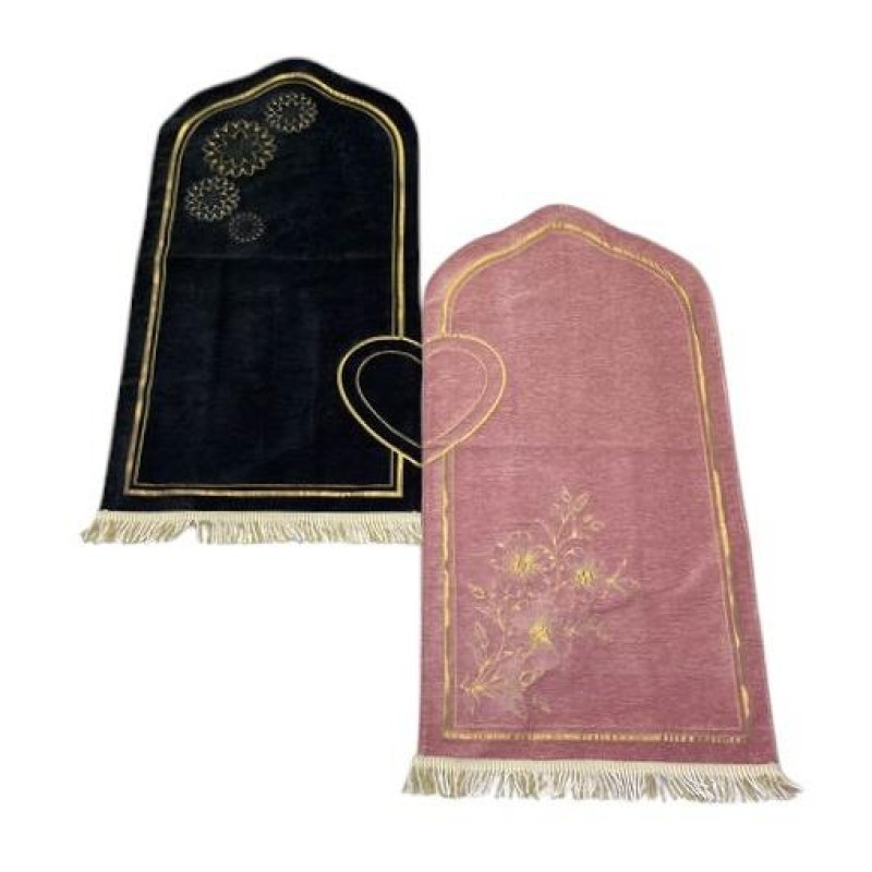 Astarlı Seccade Kalp Motifli - Çift Seccade - Siyah Pudra