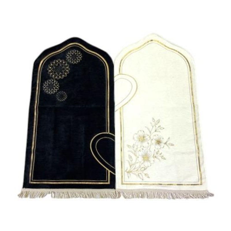 Astarlı Seccade Kalp Motifli - Çift Seccade - Siyah Krem