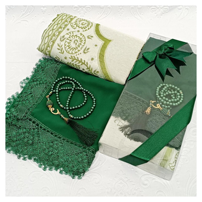 Hediyelik Seccade Set 200 Gr Yeşil - Seccade Tesbih Şal