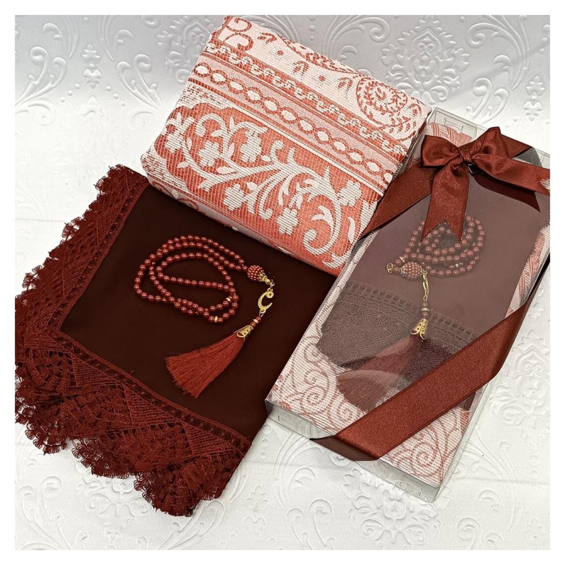 Hediyelik Seccade Set 200 Gr Bordo- Seccade Tesbih Şal