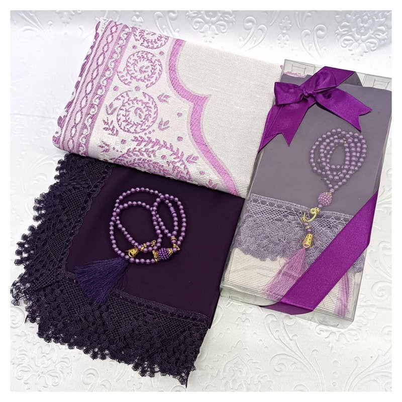 Hediyelik Seccade Set 200 Gr Mürdüm- Seccade Tesbih Şal