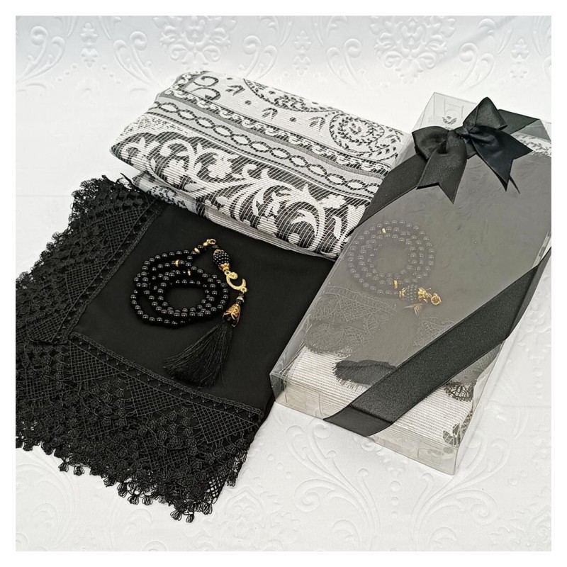 Hediyelik Seccade Set 200 Gr Siyah - Seccade Tesbih Şal