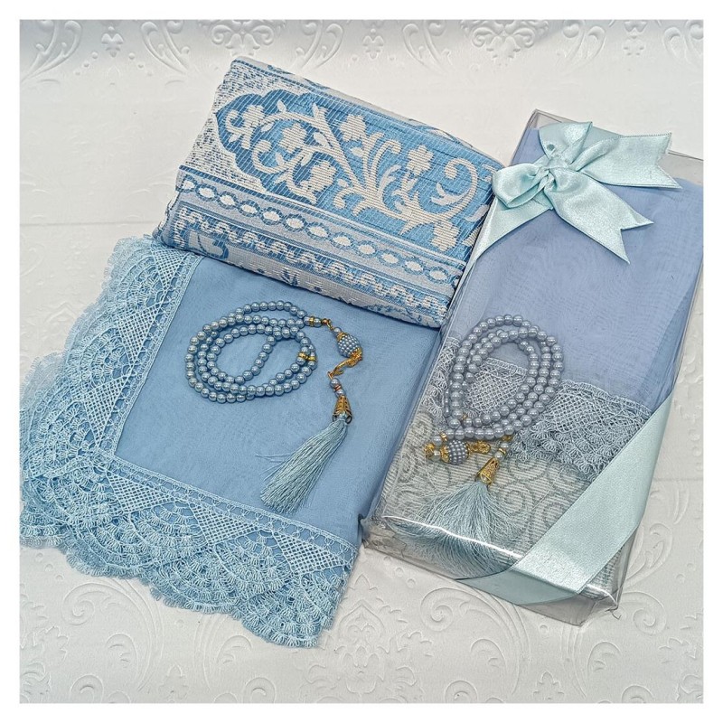 Hediyelik Seccade Set 200 Gr Mavi - Seccade Tesbih Şal