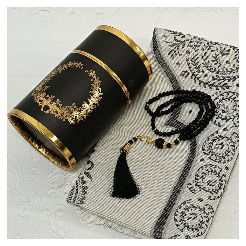 Hediyelik Seccade Silindir Kutulu Set 200 Gr Siyah -  Seccade Tesbih
