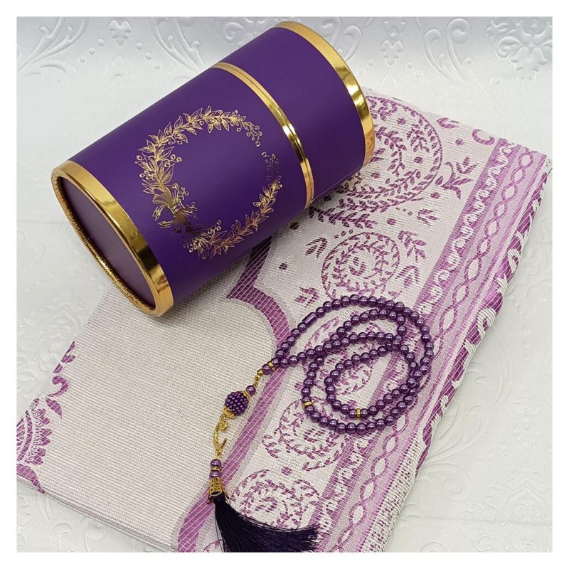 Hediyelik Seccade Silindir Kutulu Set 200 Gr Mürdüm  -  Seccade Tesbih