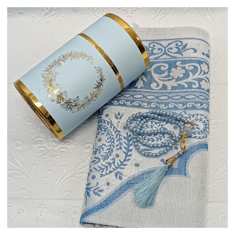 Hediyelik Seccade Silindir Kutulu Set 200 Gr Mavi  -  Seccade Tesbih