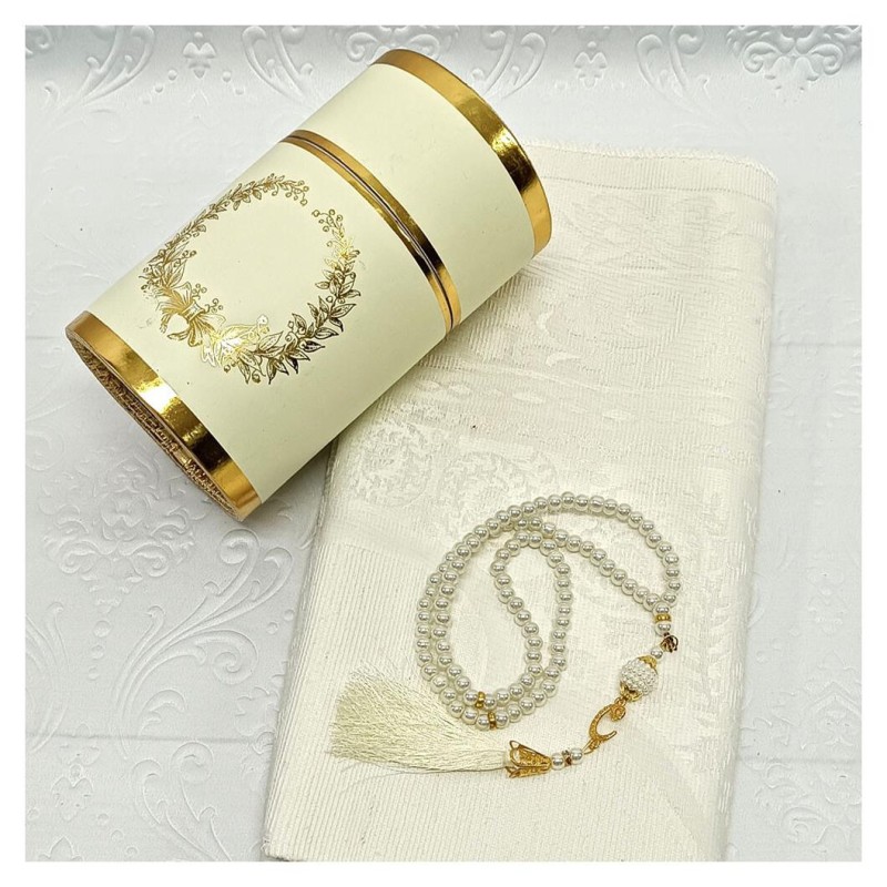 Hediyelik Seccade Silindir Kutulu Set 200 Gr Bej  -  Seccade Tesbih