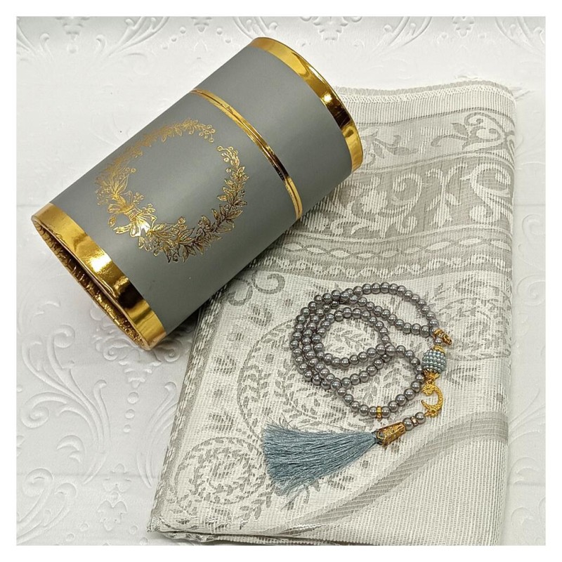 Hediyelik Seccade Silindir Kutulu Set 200 Gr Gri  -  Seccade Tesbih