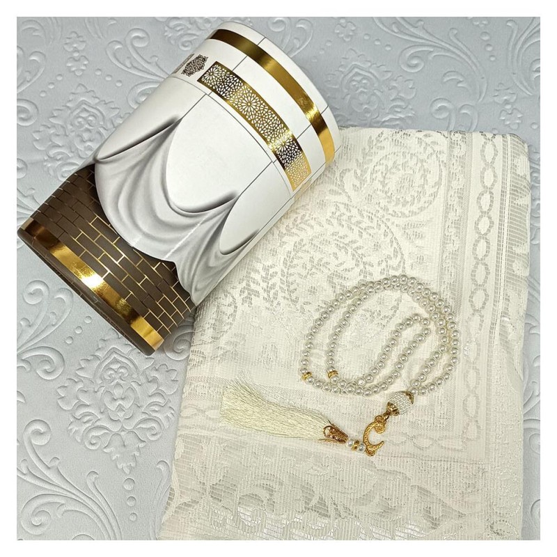 Hediyelik Seccade Silindir Kutulu Tesbihli Set 200 Gr - Beyaz 