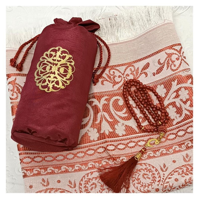 Hediyelik Seccade Şantuk Keseli Tesbihli Set 200 Gr - Bordo