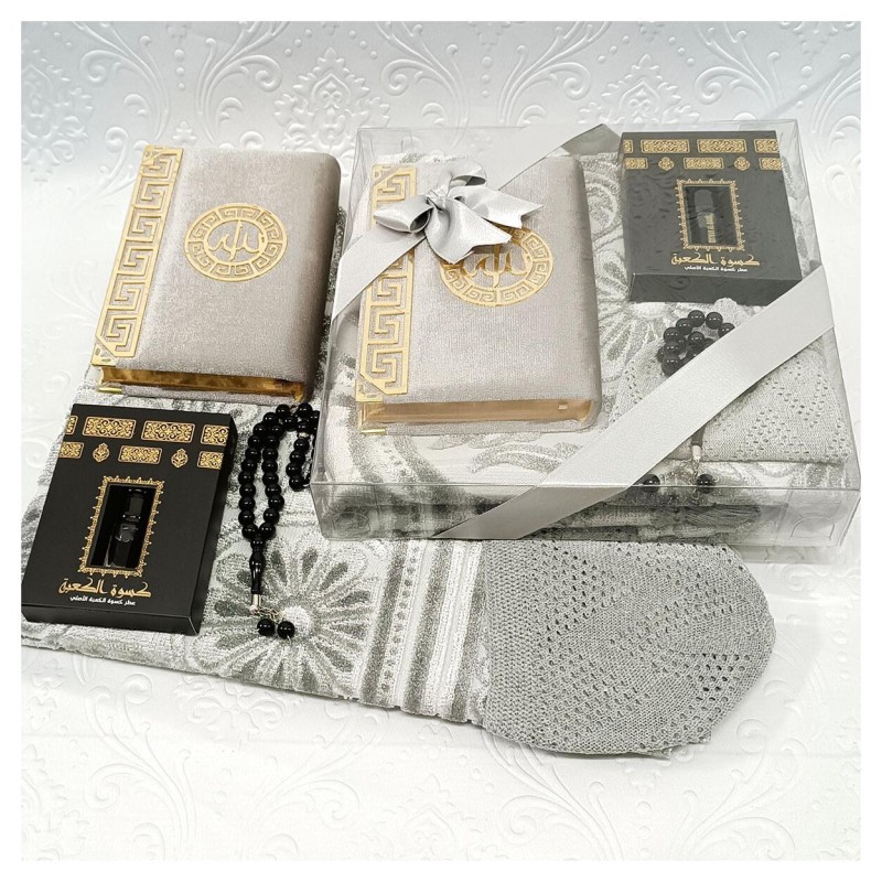 Hediyelik Lüks Damat Seti Gri - Kuranı Kerim Tesbih Seccade Esans 
