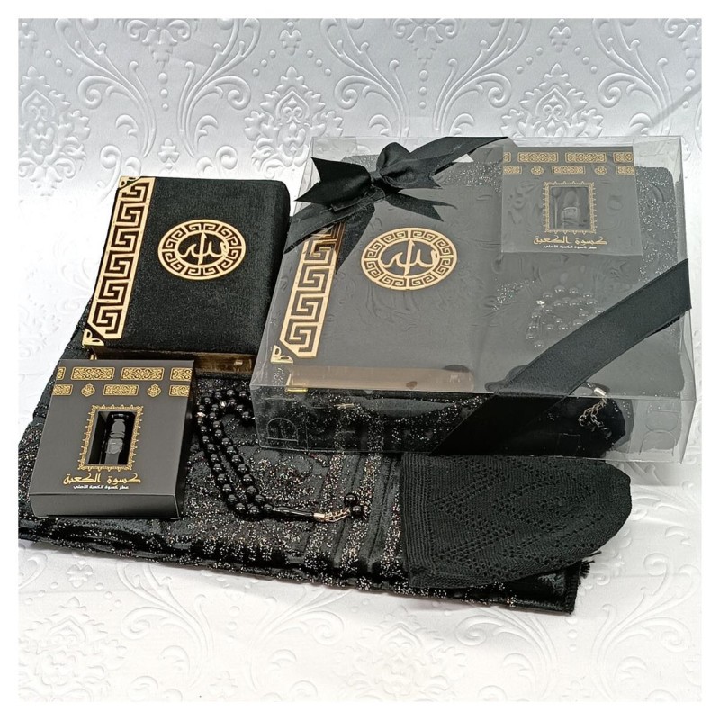 Hediyelik Lüks Damat Seti Siyah - Kuranı Kerim Tesbih Seccade Esans 