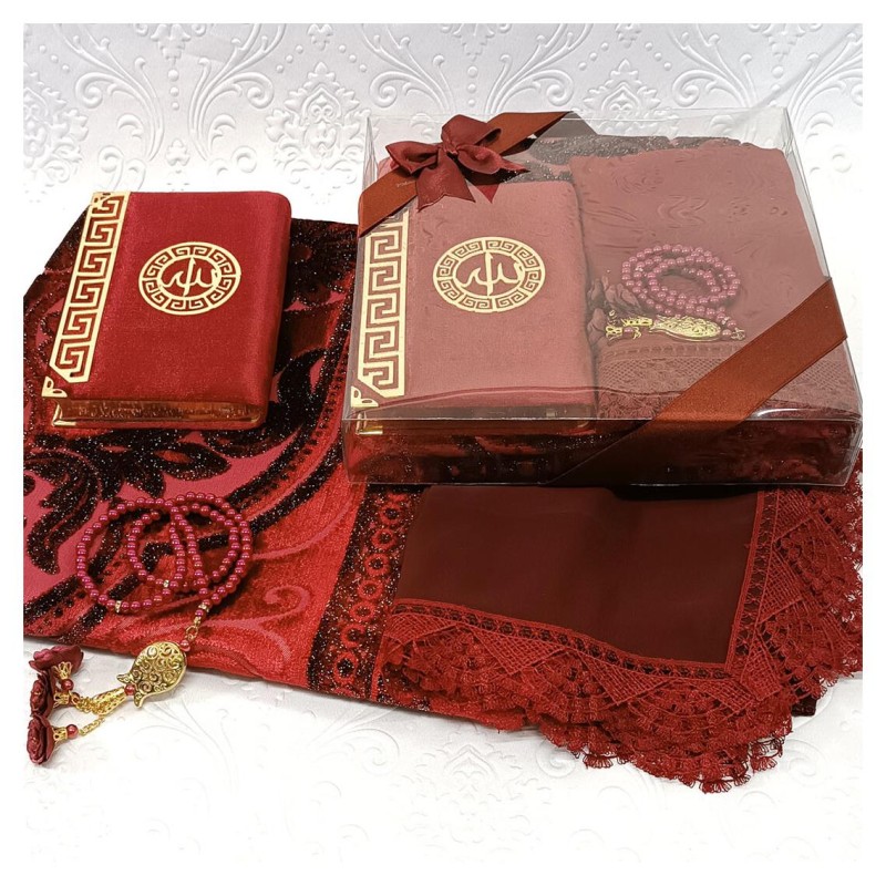 Hediyelik Lüks Gelin Seti Bordo - Kuranı Kerim Tesbih Seccade Şal