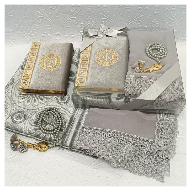 Hediyelik Lüks Gelin Seti Gri - Kuranı Kerim Tesbih Seccade Şal