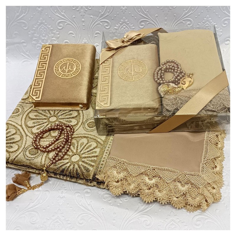 Hediyelik Lüks Gelin Seti Kapiçino - Kuranı Kerim Tesbih Seccade Şal