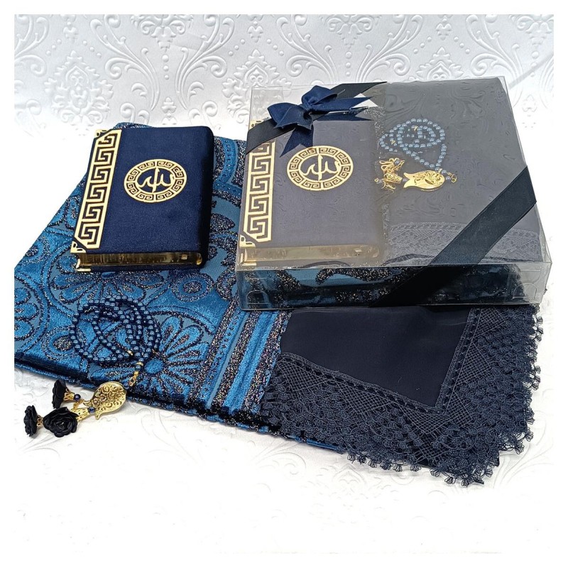 Hediyelik Lüks Gelin Seti Lacivert - Kuranı Kerim Tesbih Seccade Şal