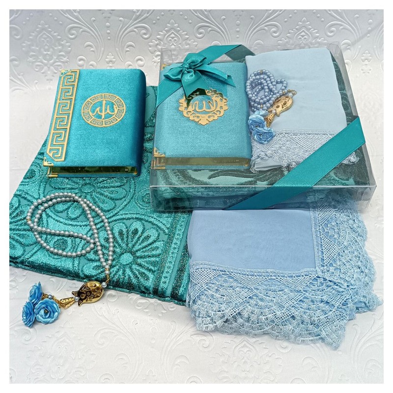 Hediyelik Lüks Gelin Seti Mavi - Kuranı Kerim Tesbih Seccade Şal