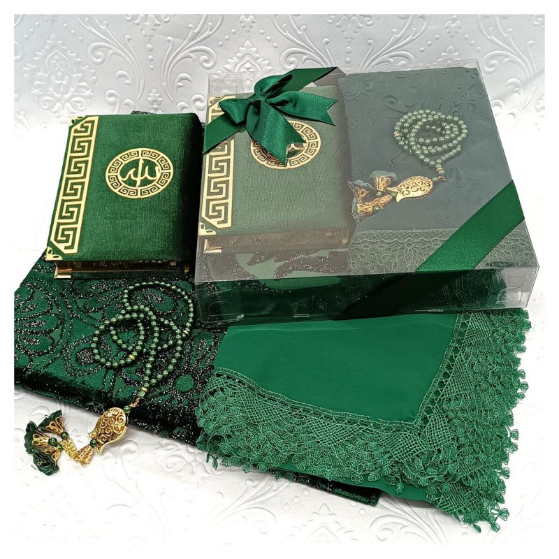 Hediyelik Lüks Gelin Seti Yeşil - Kuranı Kerim Tesbih Seccade Şal