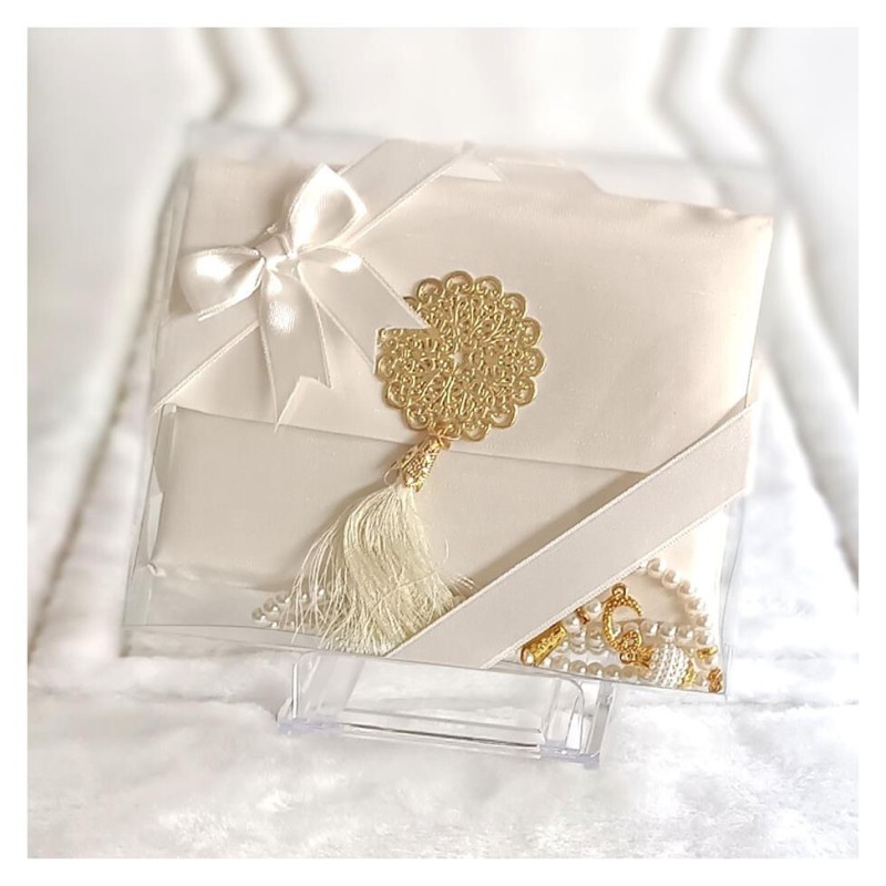 Hediyelik Yasin Seti Bej - Madalyonlu Şantuk Keseli Tesbihli