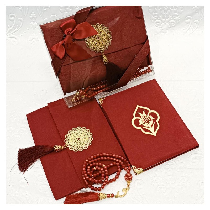 Hediyelik Yasin Seti Bordo -  Madalyonlu Şantuk Keseli Tesbihli