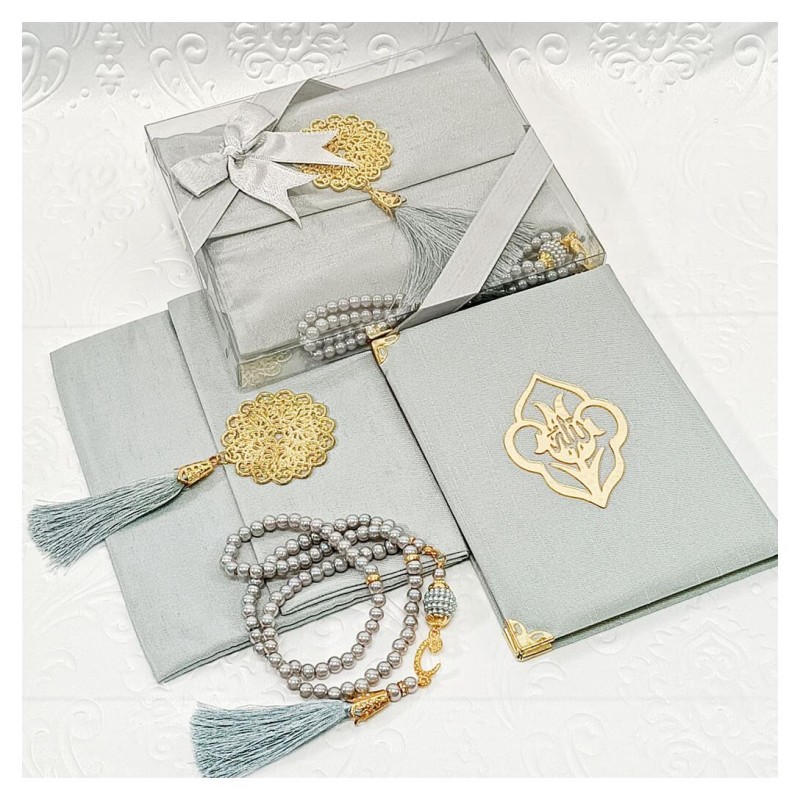 Hediyelik Yasin Seti Gri -  Madalyonlu Şantuk Keseli Tesbihli