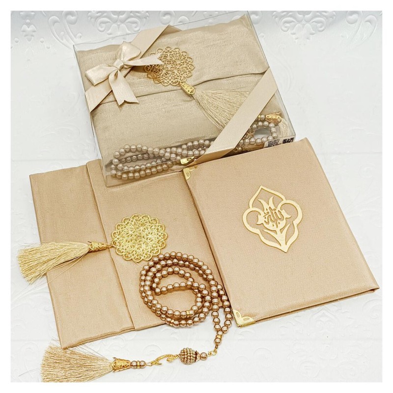 Hediyelik Yasin Seti Kapiçino - Madalyonlu Şantuk Keseli Tesbihli