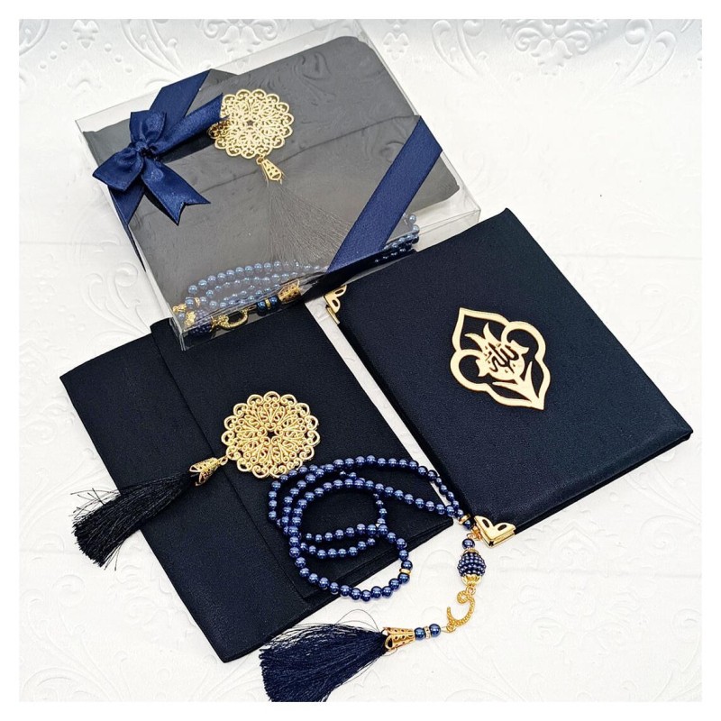 Hediyelik Yasin Seti Lacivert -  Madalyonlu Şantuk Keseli Tesbihli