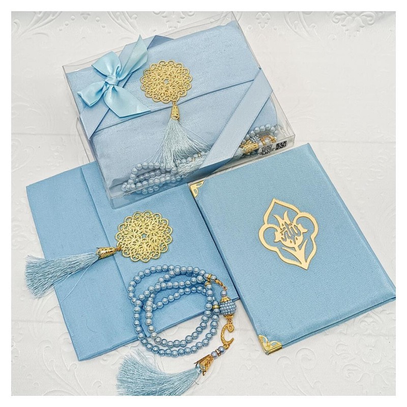 Hediyelik Yasin Seti Mavi -  Madalyonlu Şantuk Keseli Tesbihli