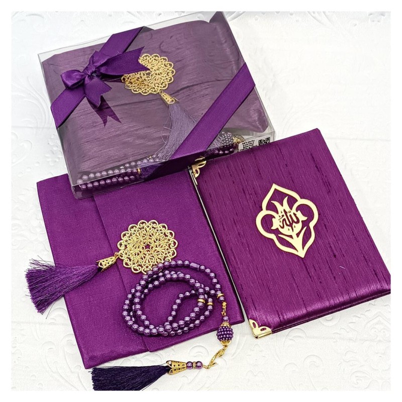 Hediyelik Yasin Seti Mürdüm - Madalyonlu Şantuk Keseli Tesbihli