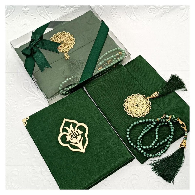 Hediyelik Yasin Seti Yeşil - Madalyonlu Şantuk Keseli Tesbihli