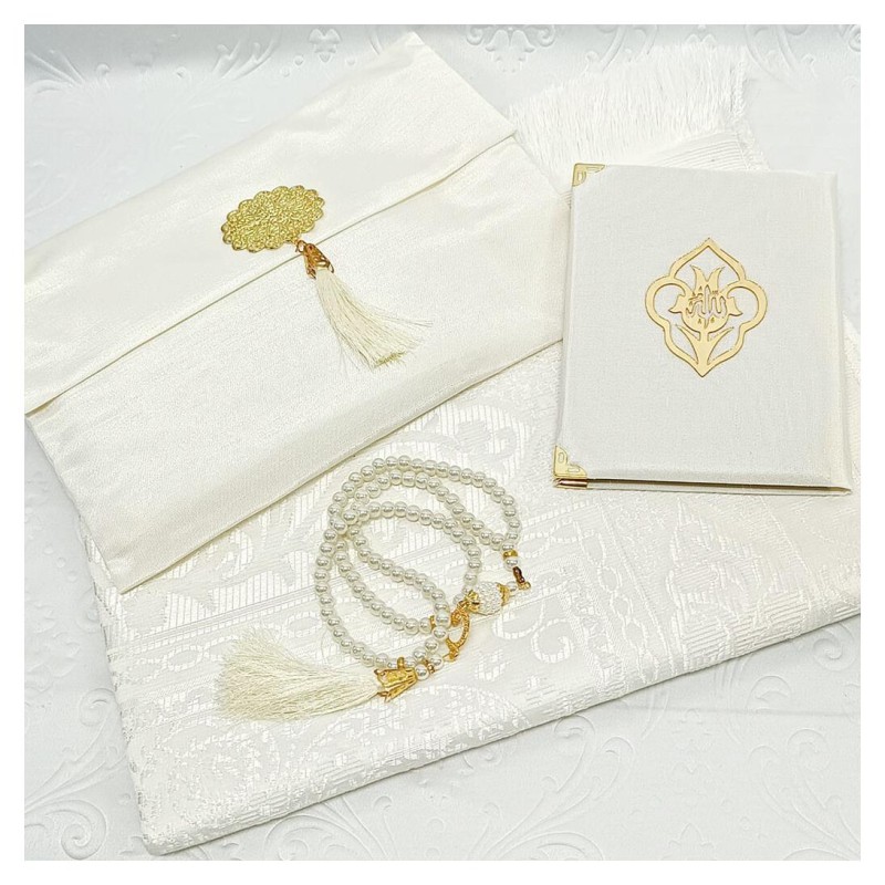 Hediyelik Yasin Seti Bej - Madalyonlu Şantuk Kese Seccade Tesbih