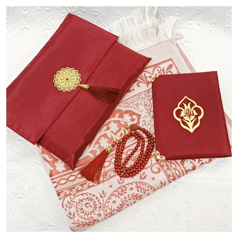 Hediyelik Yasin Seti Bordo - Madalyonlu Şantuk Kese Seccade Tesbih